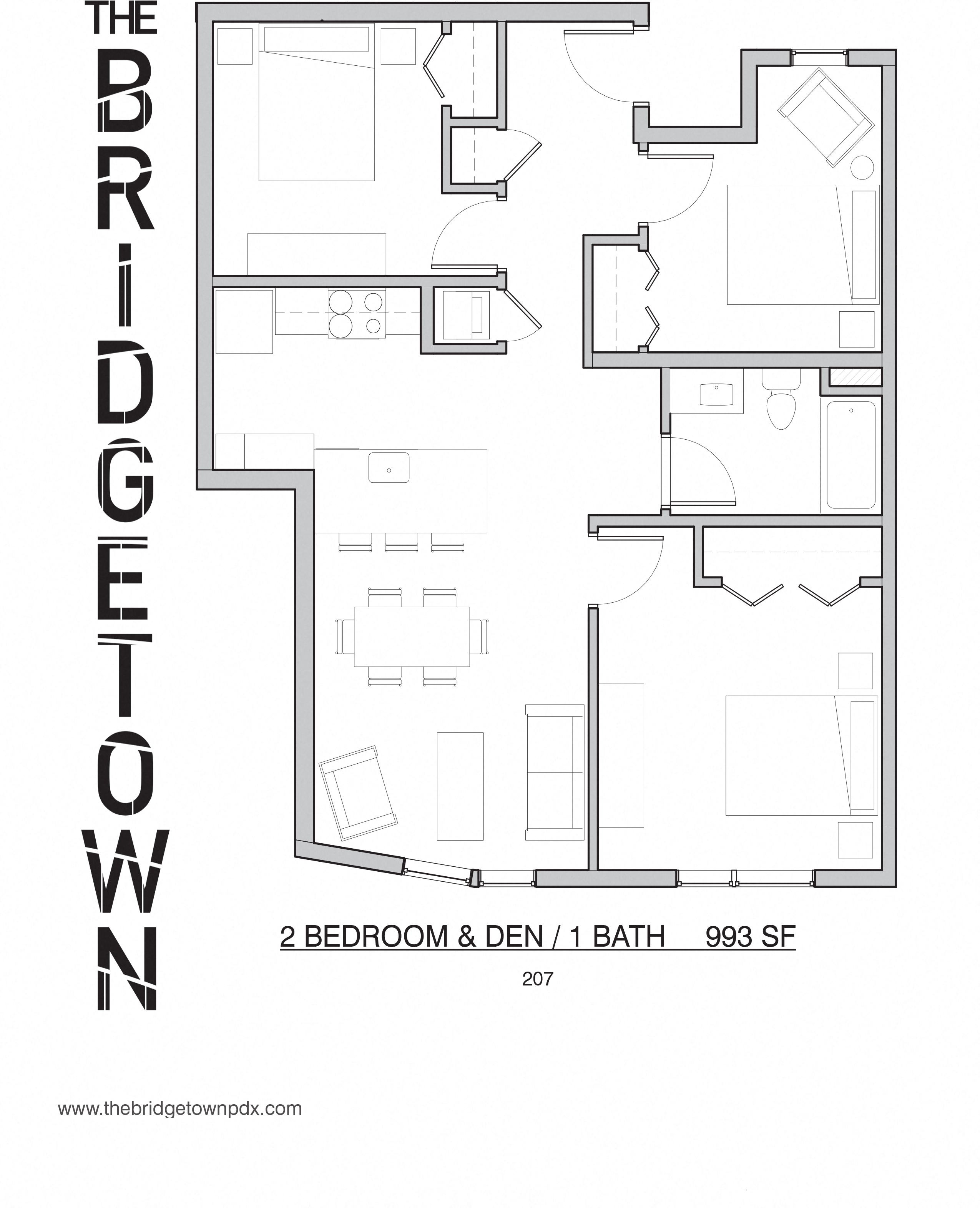 Floor plan for 2 beds, 1 bath, 993 sqft